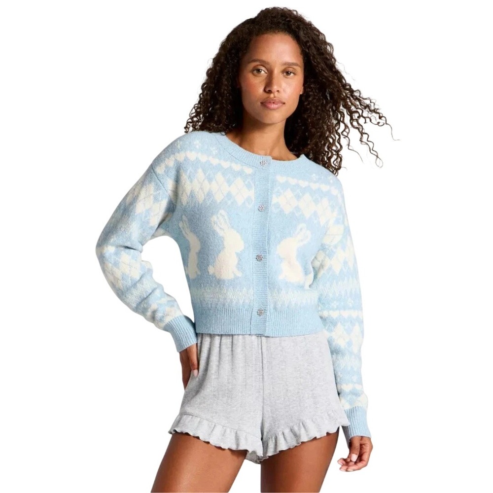 Wild Fable Women's Blue Bunny Argyle Heart Cropped Cardigan Size XL